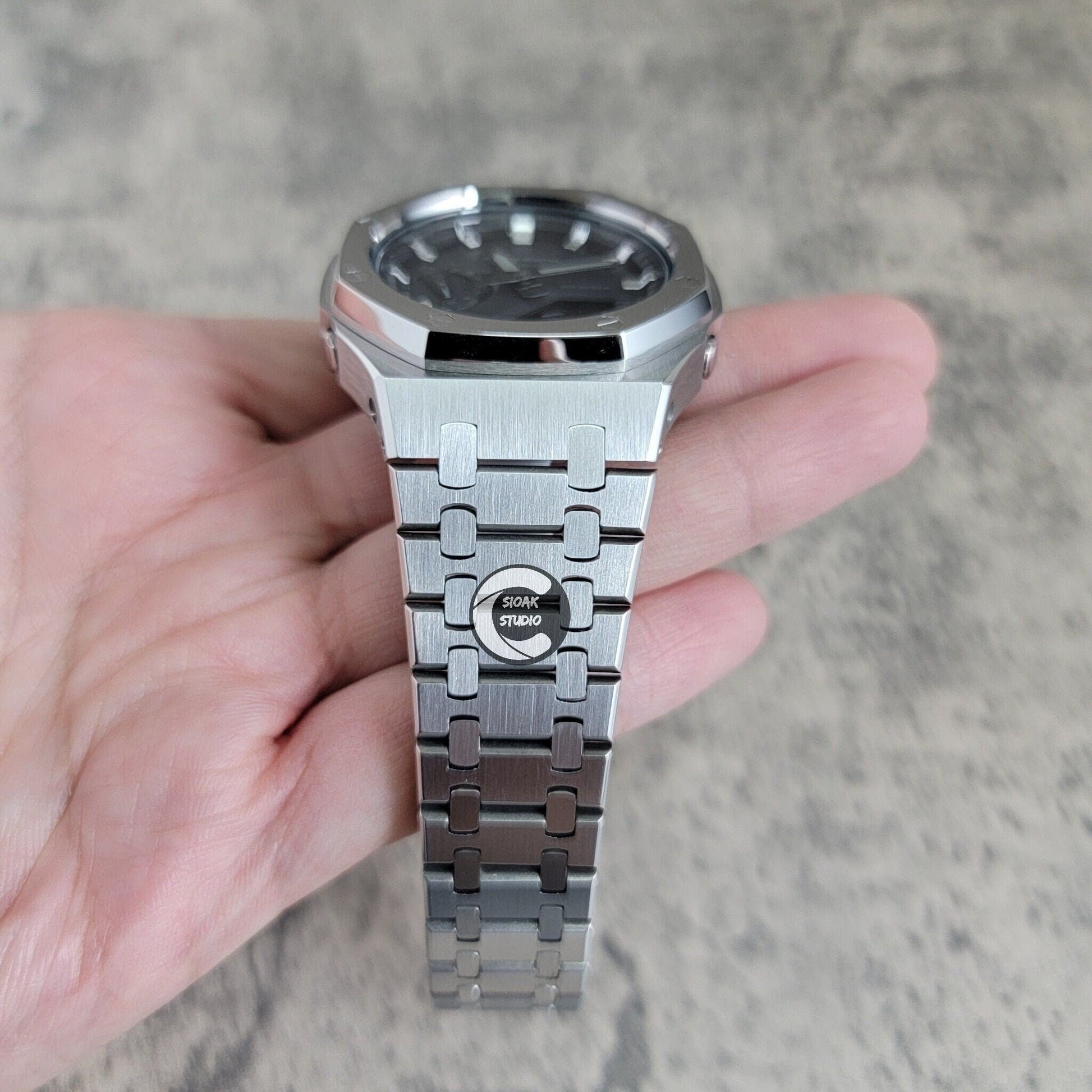 Casioak Mod Watch Silver Case Metal Strap Black Silver Time Mark Black Dial 44mm - Casioak Studio