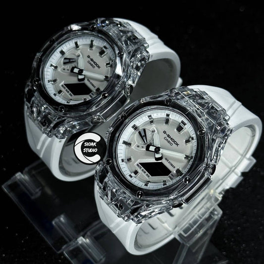 Casioak Mod Watch Transparent Case Strap White Silver Time Mark White Dial 44mm - Casioak Studio