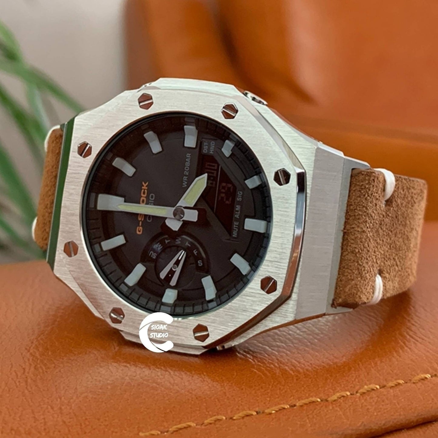 Casioak Mod Watch Silver Case Brown Leather Strap Black Luminous Time Mark Black Dial 44mm - Casioak Studio