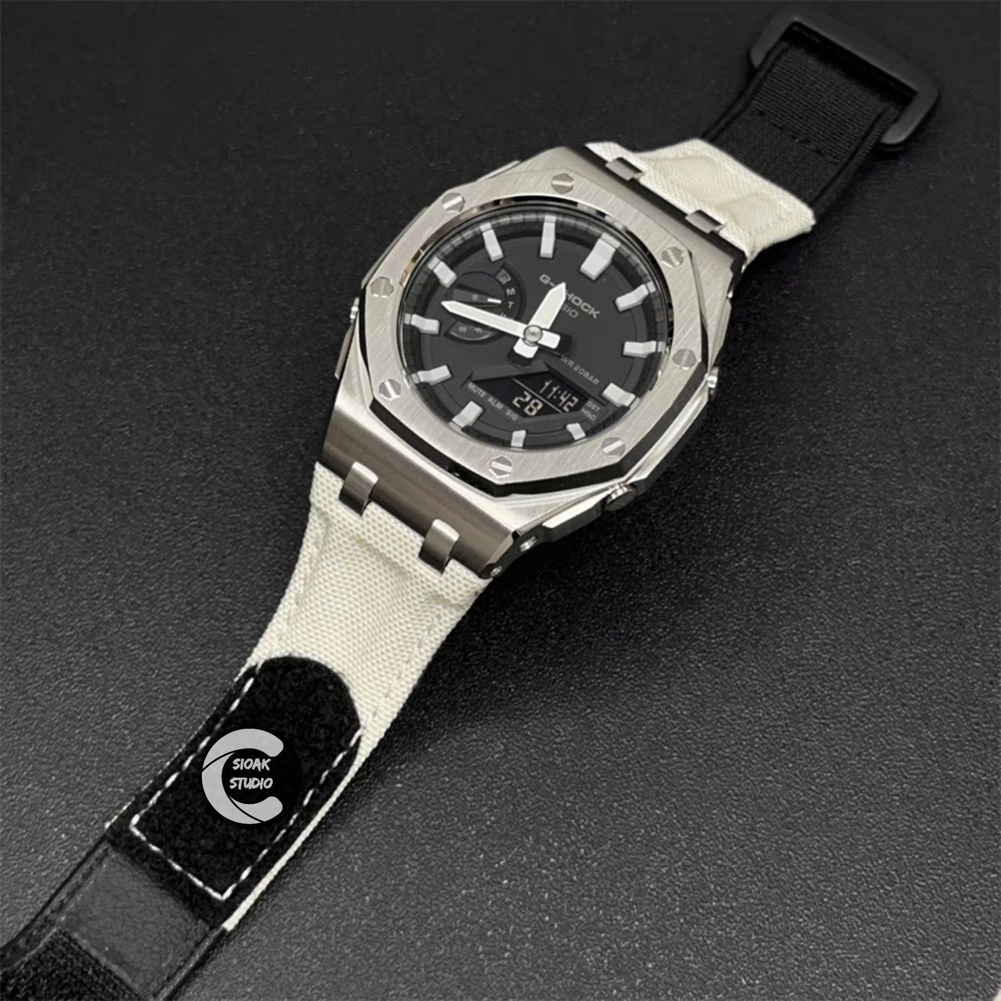 Casioak Mod Watch Offshore Superior Silver Case White Canvas Strap Black Time Mark Silver Dial 44mm - Casioak Studio