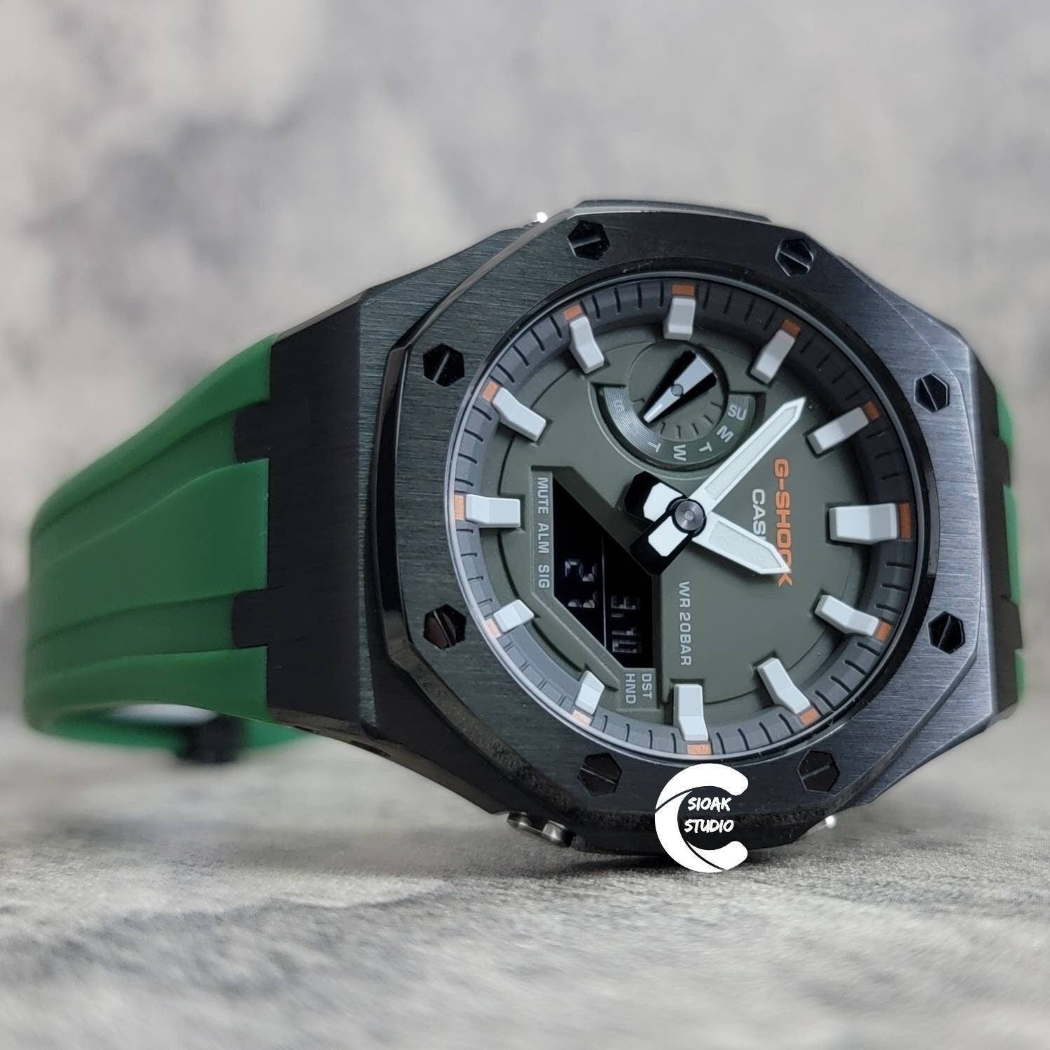 Casioak Mod Watch Black Case Green Rubber Strap Black White Time Mark Olive Dial 44mm - Casioak Studio