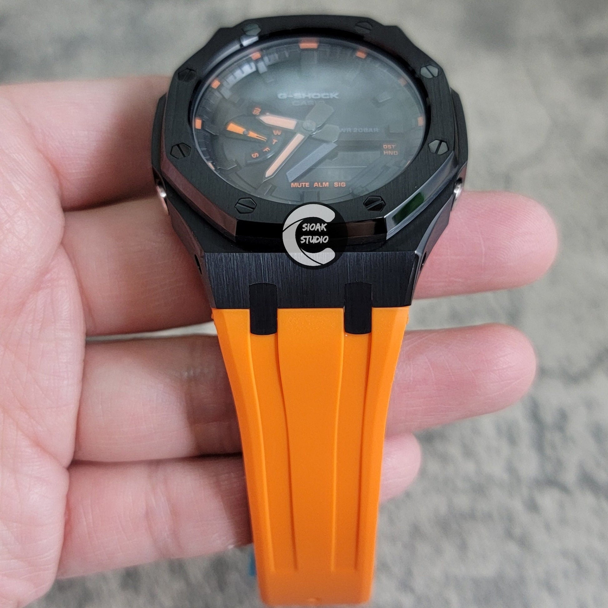 Casioak Mod Watch Black Case Orange Rubber Strap Black Orange Time Mark Black Dial 44mm - Casioak Studio