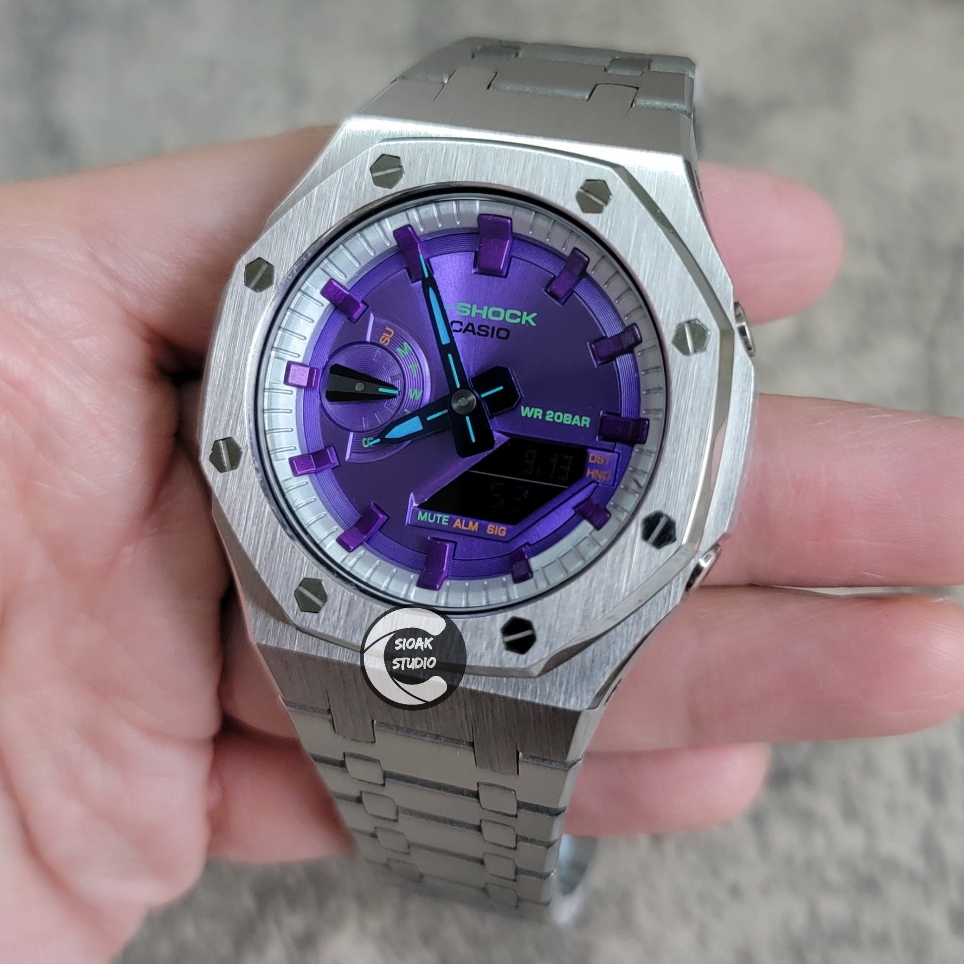 Casioak Mod Watch Silver Case Metal Strap Silver Purple Time Mark Purple Dial 44mm     Unique Special - Casioak Studio