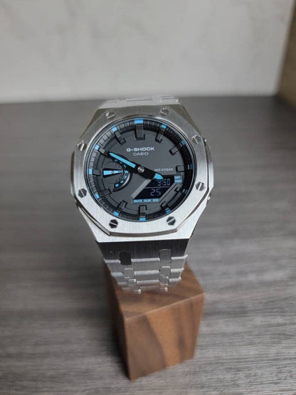 Casioak Mod Watch Silver Case Metal Strap Black Time Mark Black Dial 44mm Blue - Casioak Studio