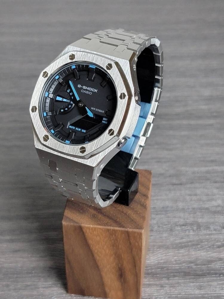 Casioak Mod Watch Silver Case Metal Strap Black Time Mark Black Dial 44mm Blue - Casioak Studio