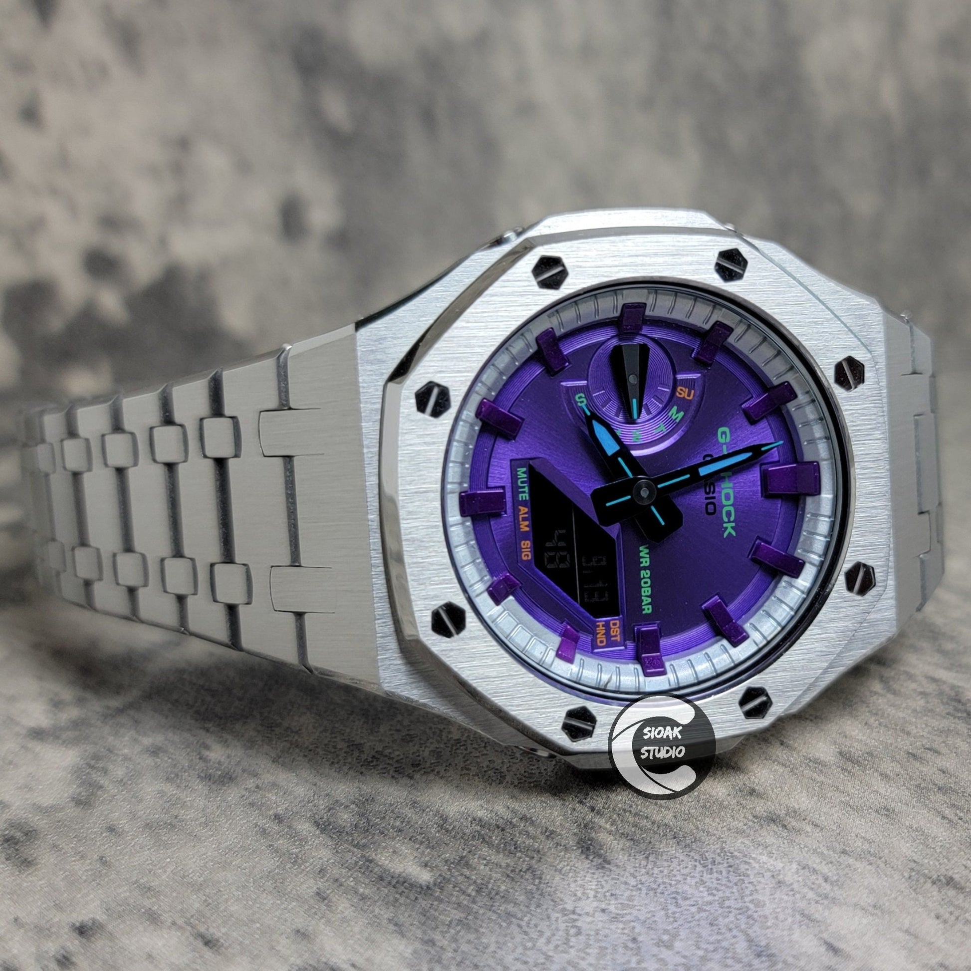 Casioak Mod Watch Silver Case Metal Strap Silver Purple Time Mark Purple Dial 44mm     Unique Special - Casioak Studio