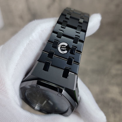 Casioak Mod Watch Polished Black Case Metal Strap Black Time Mark Black Dial 44mm - Casioak Studio