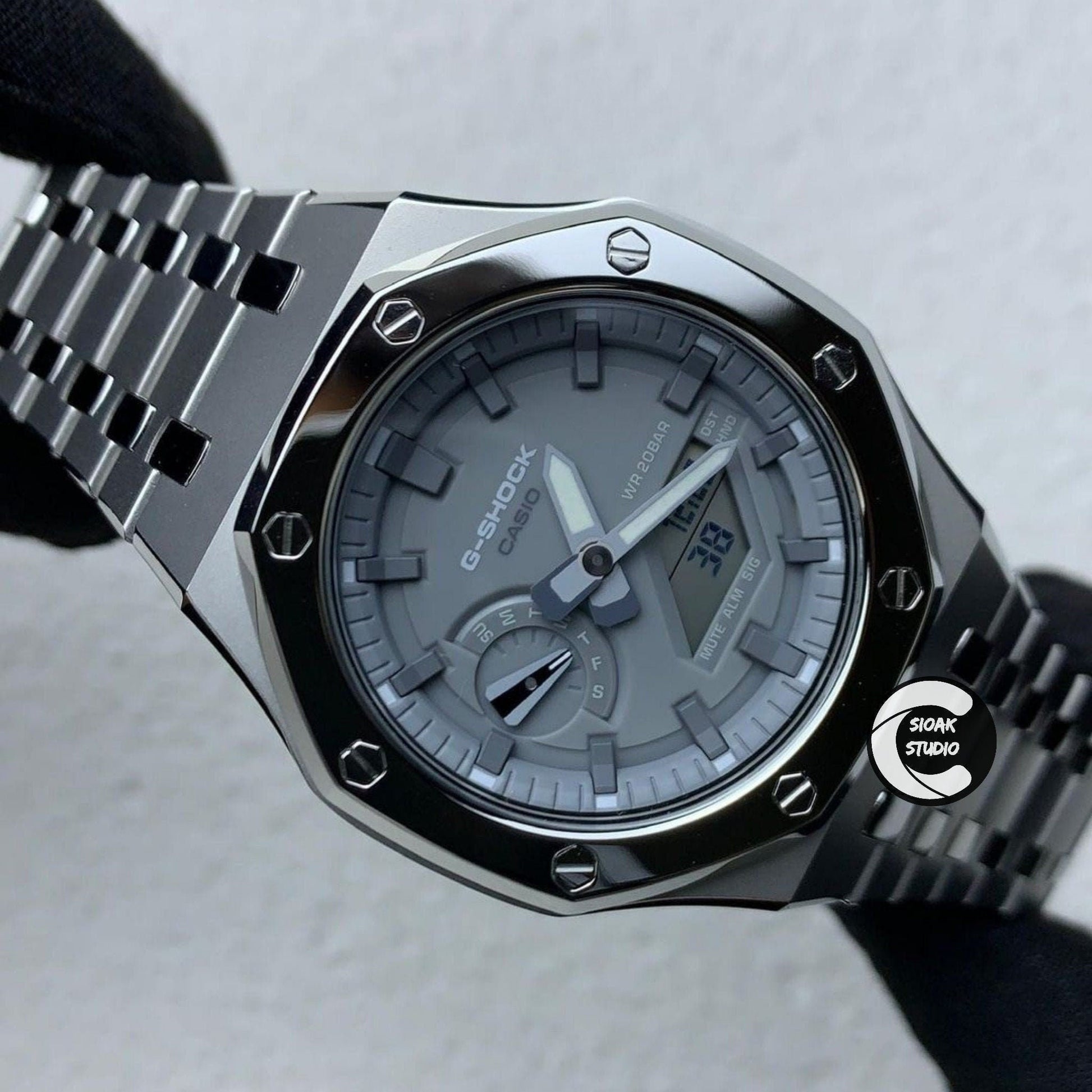 Casioak Mod Watch Polished Silver Case Metal Strap Gray Time Mark Gray Dial 44mm - Casioak Studio