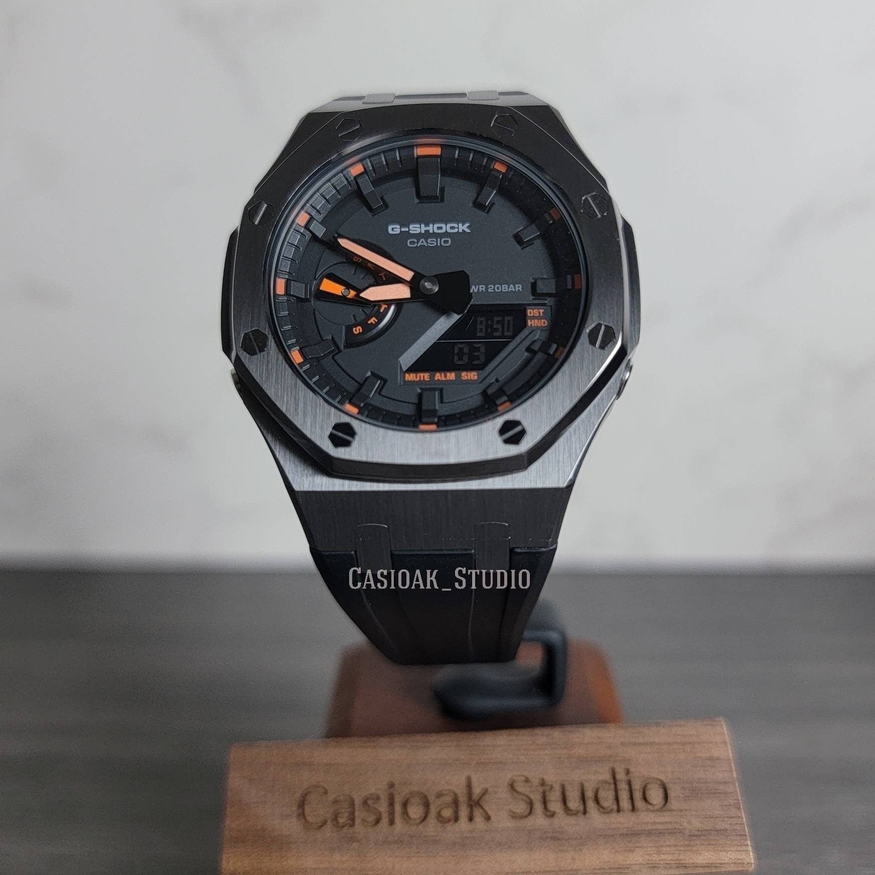 Casioak Mod Watch Gray Case Black Rubber Strap Black Time Mark Black Dial 44mm Orange - Casioak Studio