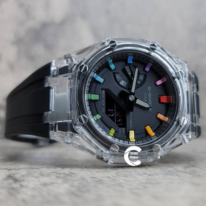 Casioak Mod Watch Transparent Case Black Strap Black  Rainbow Time Mark Black Dial 44mm - Casioak Studio
