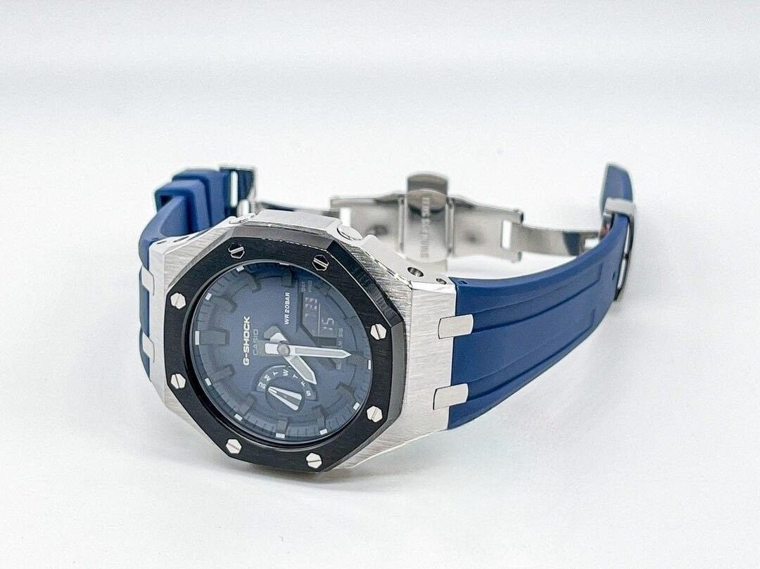 Casioak Mod Watch Black Silver Case Blue Rubber Strap Blue Black Time Mark Blue Dial 44mm - Casioak Studio