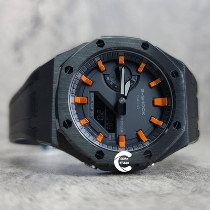 Casioak Mod Watch Black Case Black Rubber Strap Black  Orange Time Mark Black Dial 44mm - Casioak Studio