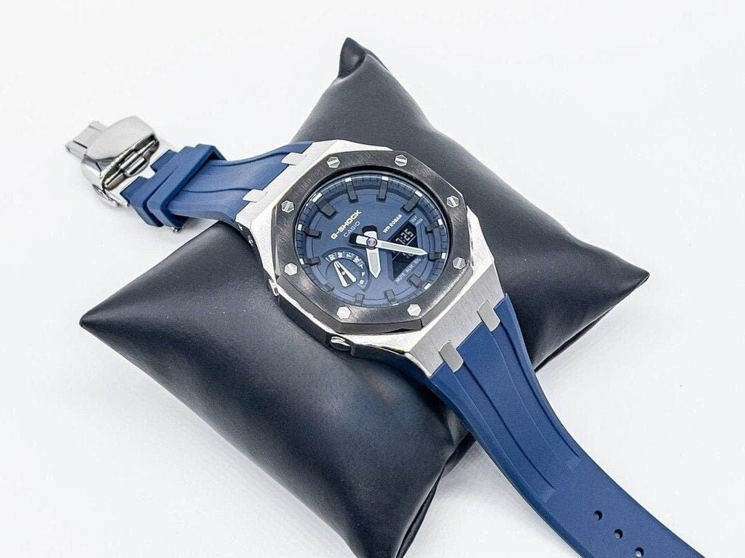 Casioak Mod Watch Black Silver Case Blue Rubber Strap Blue Black Time Mark Blue Dial 44mm - Casioak Studio