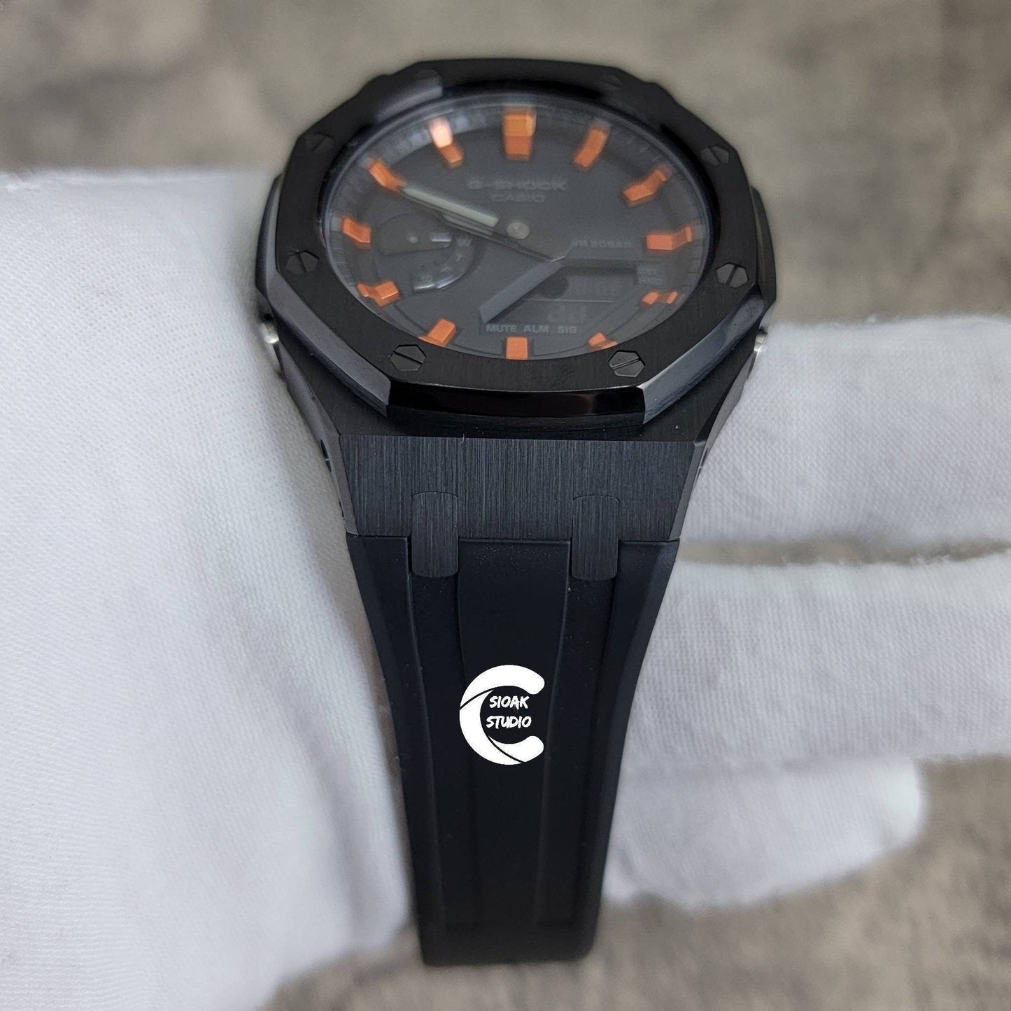 Casioak Mod Watch Black Case Black Rubber Strap Black  Orange Time Mark Black Dial 44mm - Casioak Studio
