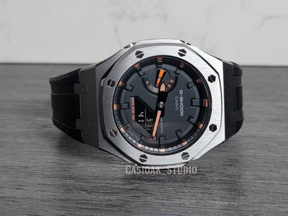 Casioak Mod Watch Gray Case Black Rubber Strap Black Time Mark Black Dial 44mm Orange - Casioak Studio