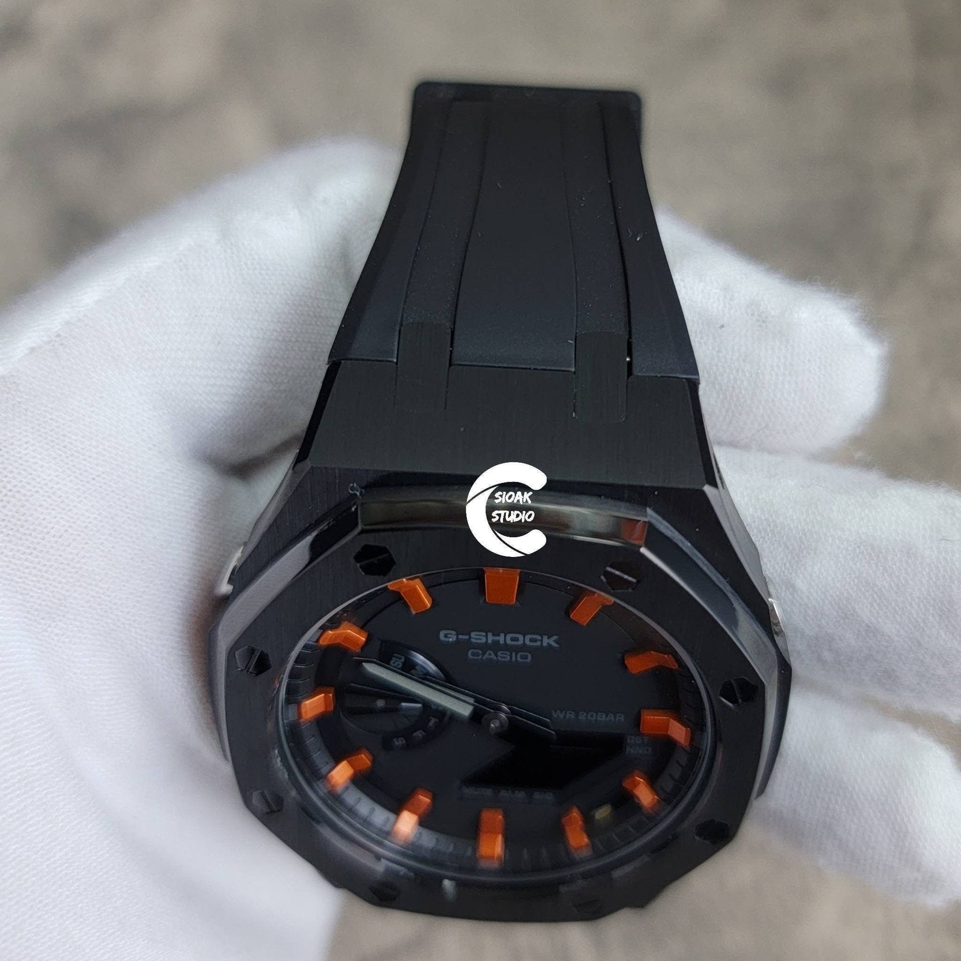 Casioak Mod Watch Black Case Black Rubber Strap Black  Orange Time Mark Black Dial 44mm - Casioak Studio