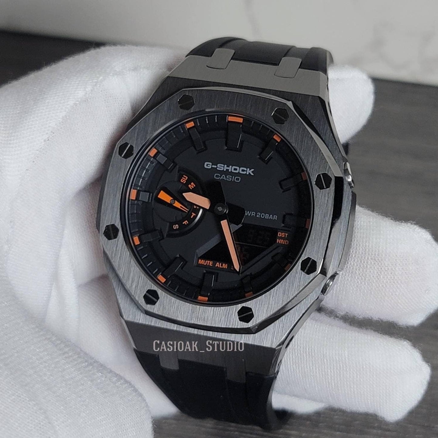 Casioak Mod Watch Gray Case Black Rubber Strap Black Time Mark Black Dial 44mm Orange - Casioak Studio