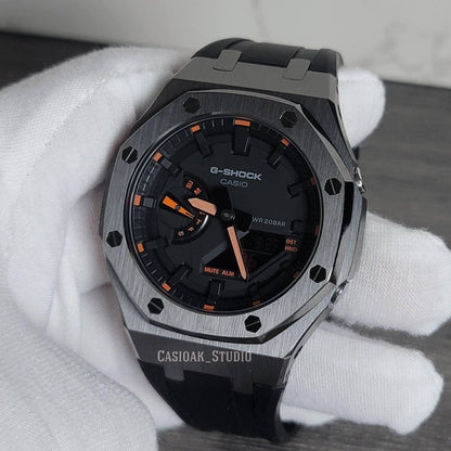 Casioak Mod Watch Gray Case Black Rubber Strap Black Time Mark Black Dial 44mm Orange - Casioak Studio