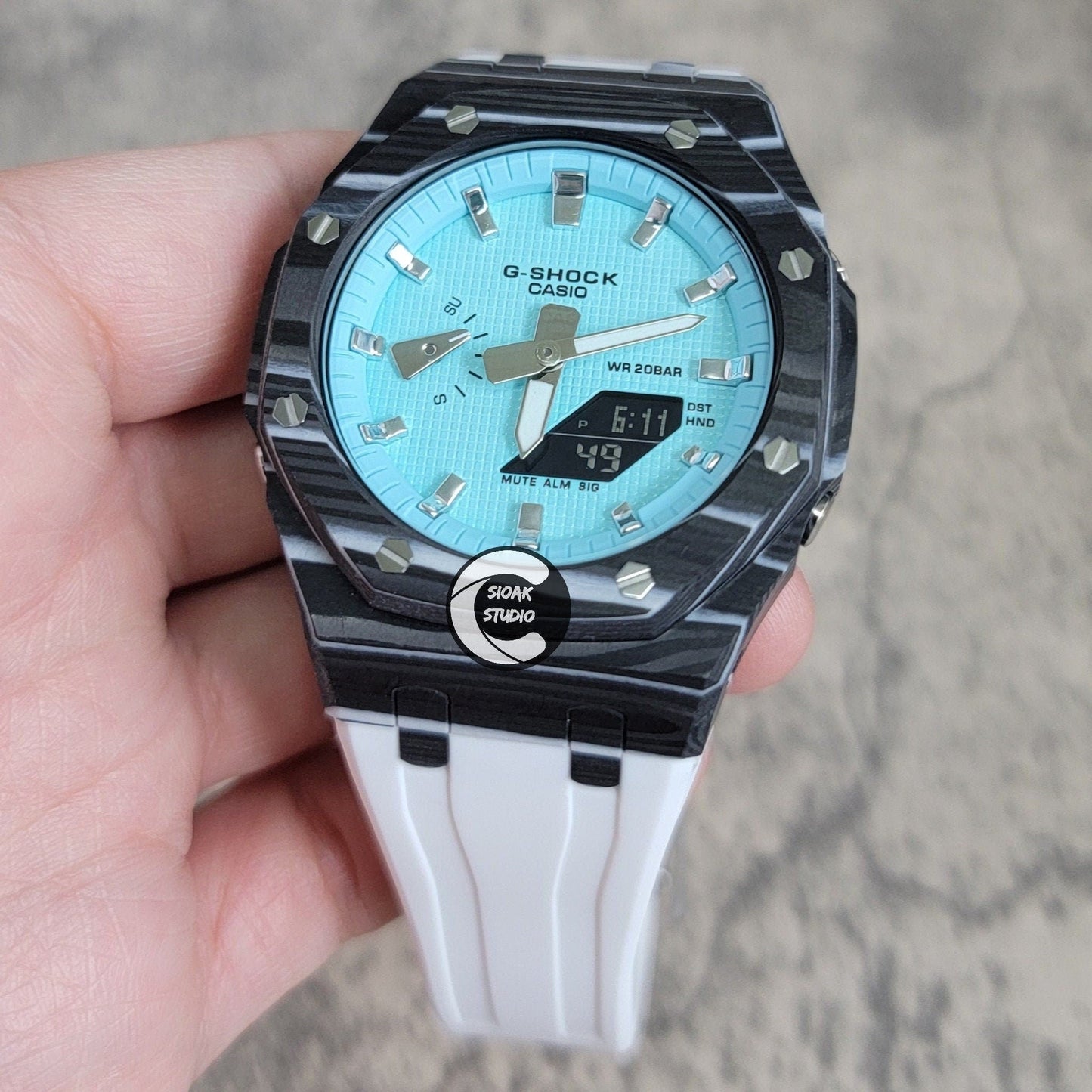 Casioak Mod Watch Carbon Fiber Black Case White Strap Tiffany Silver Time Mark Tiffany Dial 44mm - Casioak Studio