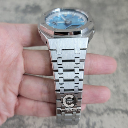 Casioak Mod Watch Silver Case Metal Strap Silver Time Mark Blue Dial 44mm - Casioak Studio