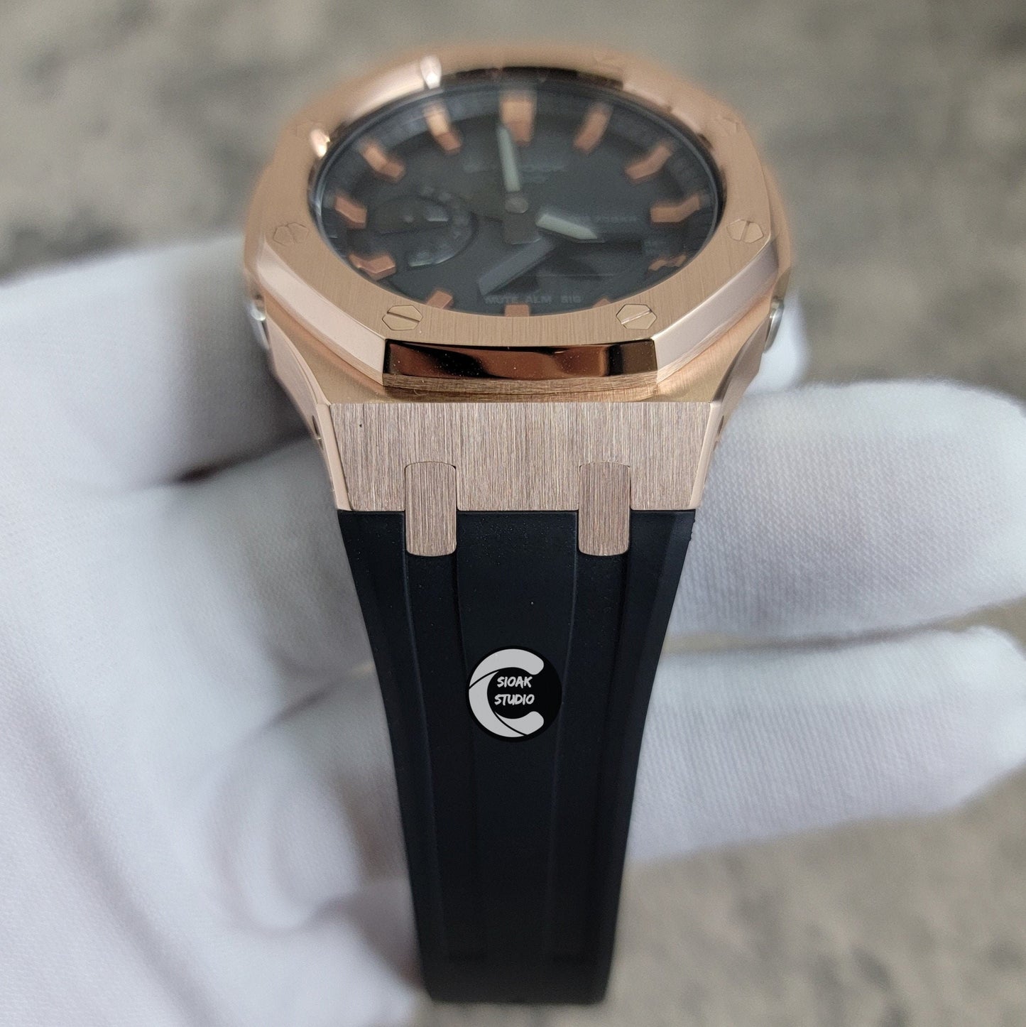 Casioak Mod Watch Rose Gold Case Black Rubber Strap Black Rose Gold Time Mark Black Dial 44mm - Casioak Studio