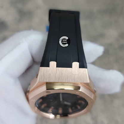 Casioak Mod Watch Rose Gold Case Black Rubber Strap Black Rose Gold Time Mark Black Dial 44mm - Casioak Studio