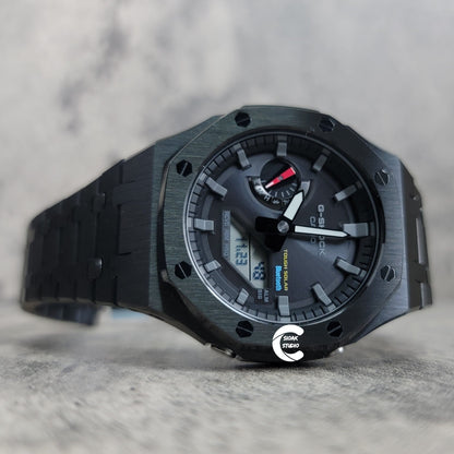 Casioak Mod Watch Solar Bluetooth Black Case Metal Strap Black Gray Time Mark Black Dial 44mm - Casioak Studio