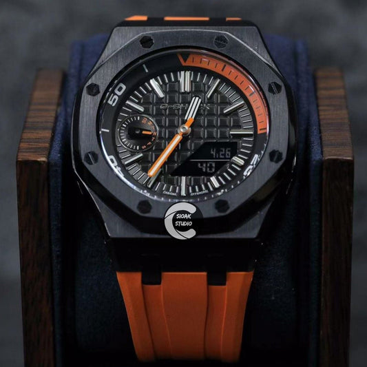 Casioak Mod Watch NEW Offshore Superior Black Case Orange Rubber Strap Orange Black Time Mark Black Dial 44mm Sapphire Glass - Casioak Studio