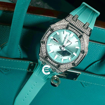 Casioak Mod Watch Diamond Silver Case Tiffany Strap Tiffany White Time Mark Green Dial 44mm - Casioak Studio