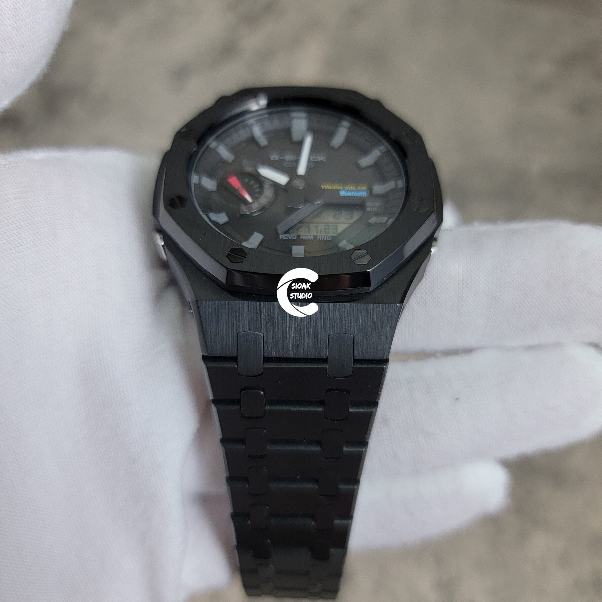Casioak Mod Watch Solar Bluetooth Black Case Metal Strap Black Gray Time Mark Black Dial 44mm - Casioak Studio