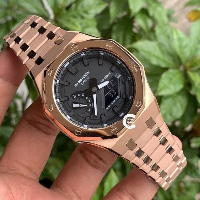 Casioak Mod Watch Polished Rose Gold Case Metal Strap Black Time Mark Black Dial 44mm - Casioak Studio