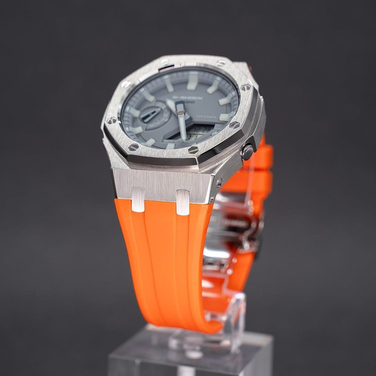 Casioak Mod Watch Silver Case Orange Rubber Strap Gray Luminous Time Mark Gray Dial 44mm - Casioak Studio