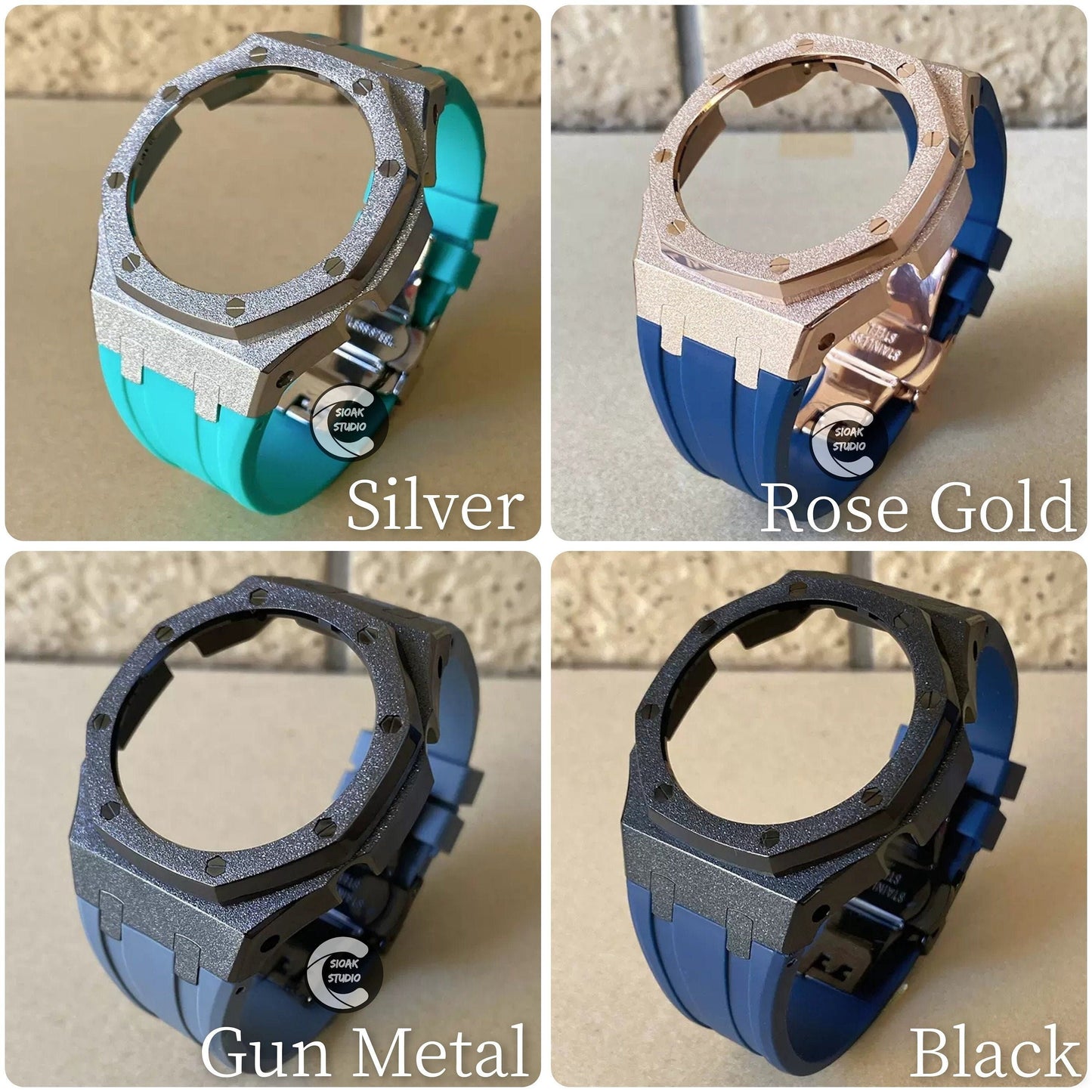 Casioak Mod Watch Frosted Rose Gold Case Green Strap Black White Time Mark Olive Dial 44mm     Men - Casioak Studio
