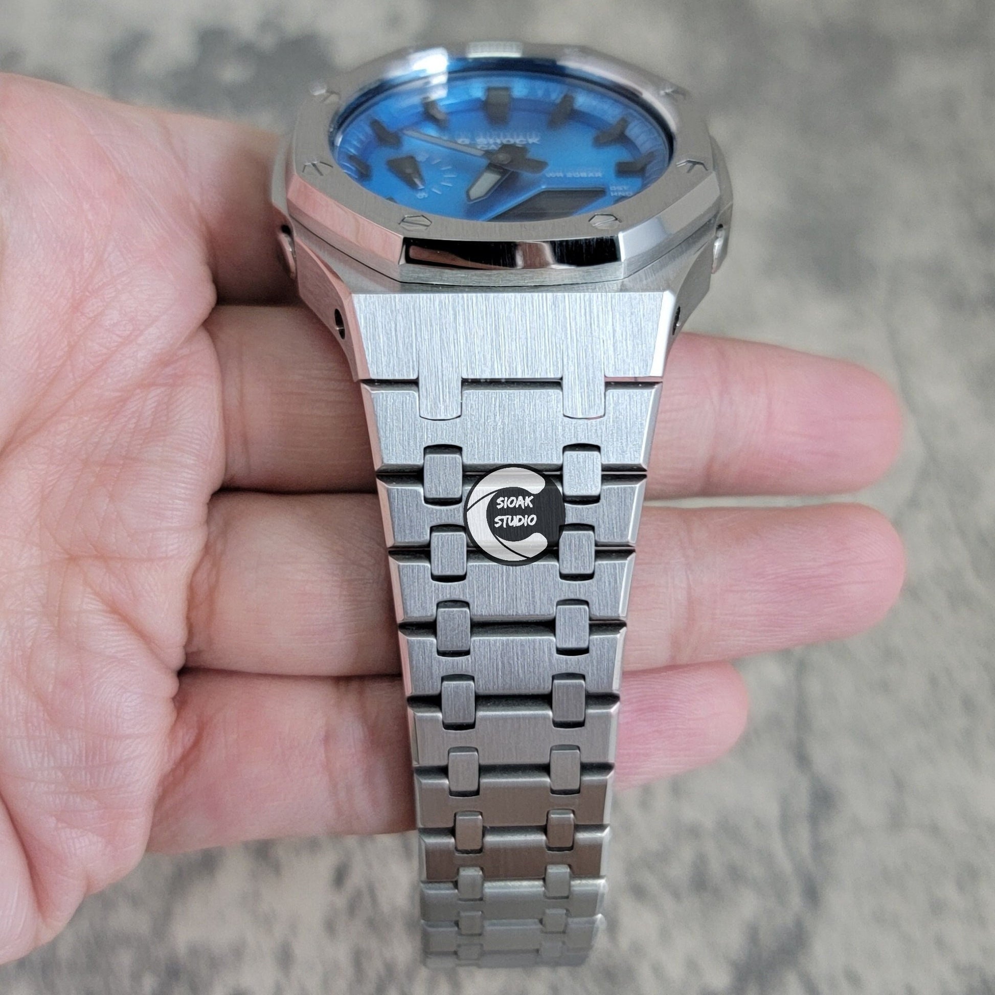 Casioak Mod Watch Silver Case Metal Strap Blue Black Time Mark Metallic Blue Dial 44mm - Casioak Studio