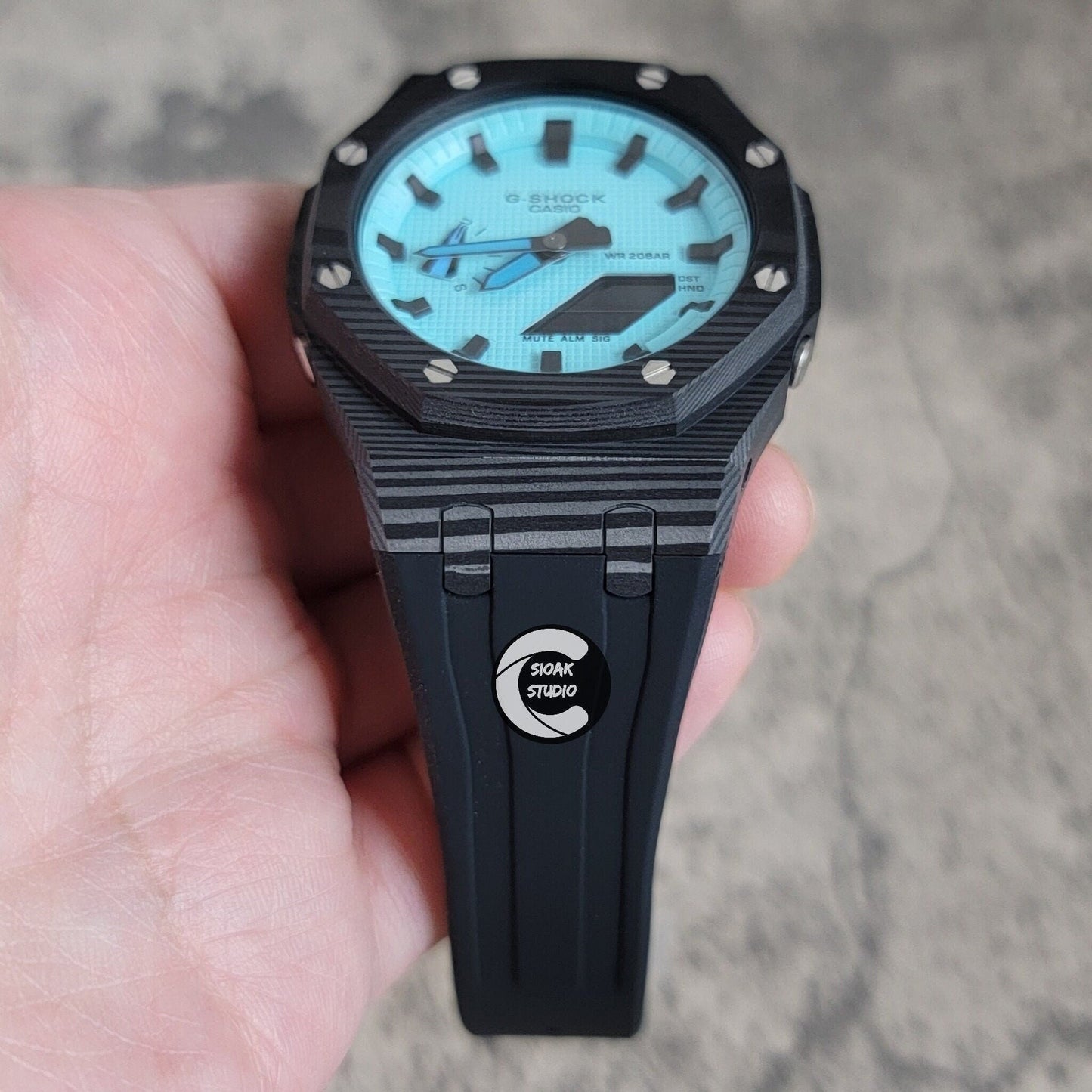 Casioak Mod Watch Carbon Fiber Black Case Black Strap Tiffany Black Time Mark Tiffany Dial 44mm - Casioak Studio