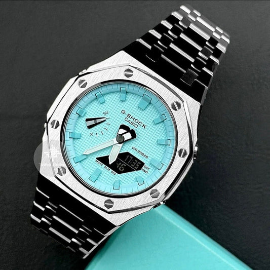 Casioak Mod Watch Silver Case Metal Strap Tiffany Time Mark Tiffany Blue Dial 44mm  with crown - Casioak Studio