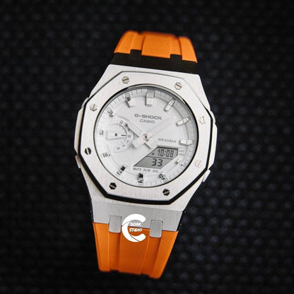 Casioak Mod Watch Silver Case Orange Rubber Strap White Silver Time Mark White Dial 42mm - Casioak Studio