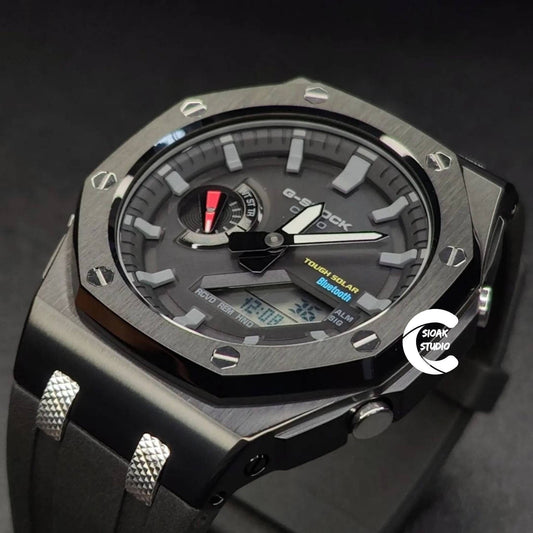 Casioak Mod Watch Solar Bluetooth Offshore Superior Black Case Black Rubber Strap Black Gray Time Mark Black Dial 44mm - Casioak Studio