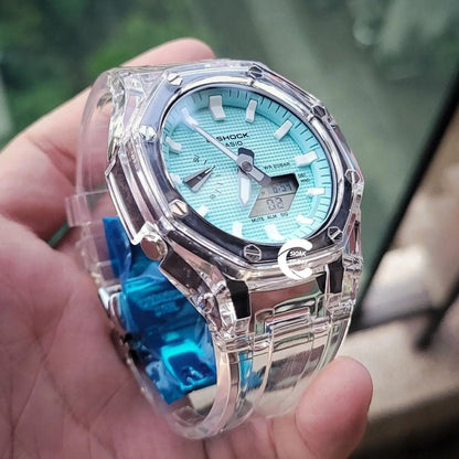 Casioak Mod Watch Transparent Case Strap Tiffany White Time Mark Tiffany Blue Dial 44mm - Casioak Studio