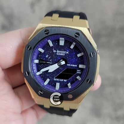 Casioak Mod Watch Black Gold Case Black Rubber Strap Purple Silver Time Mark Purple Dial 44mm - Casioak Studio