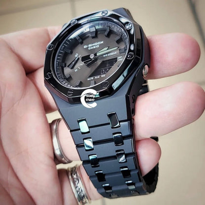 Casioak Mod Watch Polished Black Case Metal Strap Black Time Mark  Black Dial 44mm - Casioak Studio