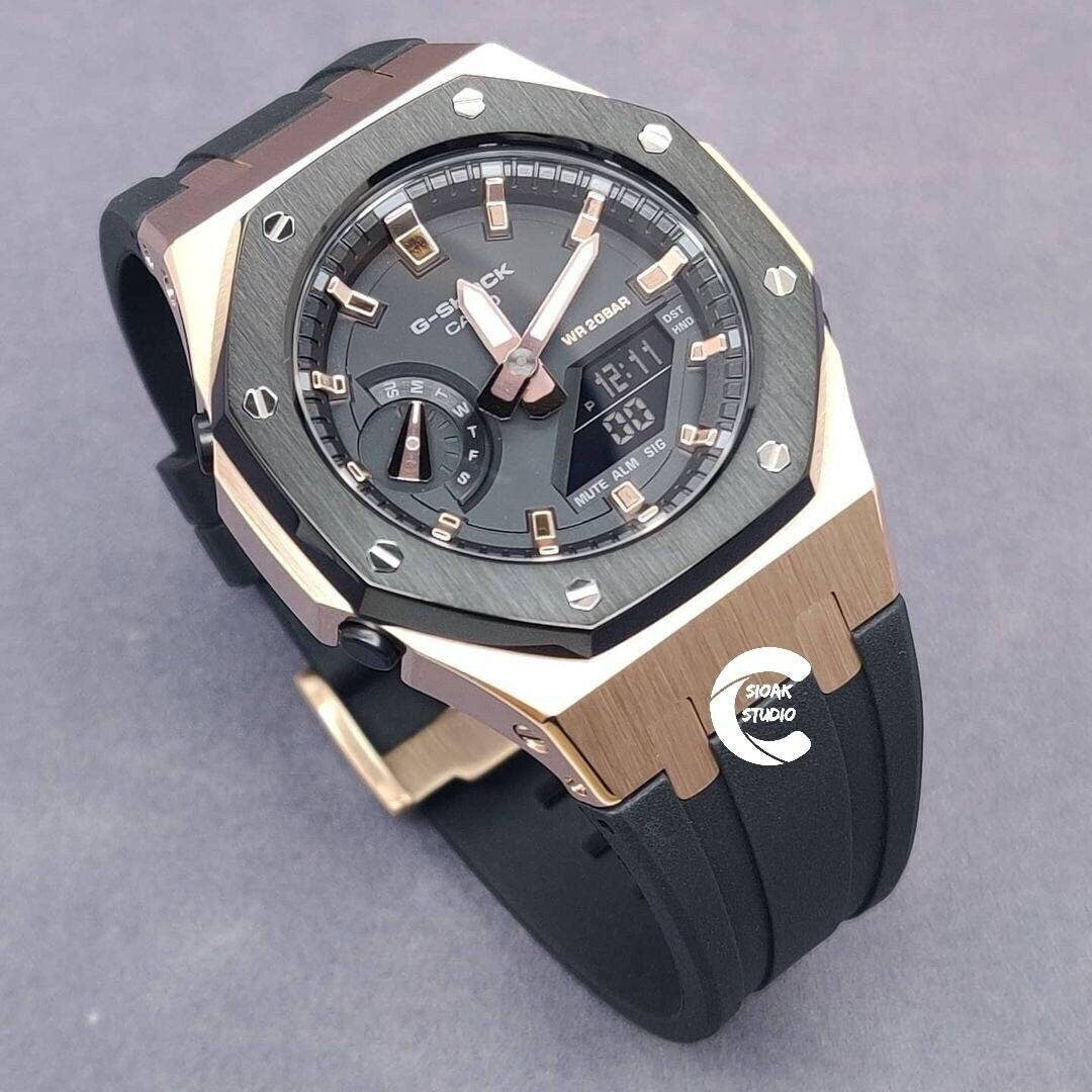 Casioak Mod Watch Black Rose Gold Case Black Rubber Strap Black Rose Gold Time Mark Black Dial 44mm - Casioak Studio