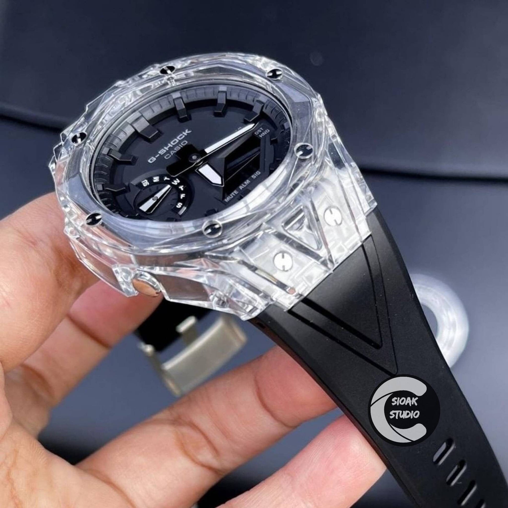 Casioak Mod Watch Transparent Case Black Strap Black Time Mark Black Dial 44mm - Casioak Studio