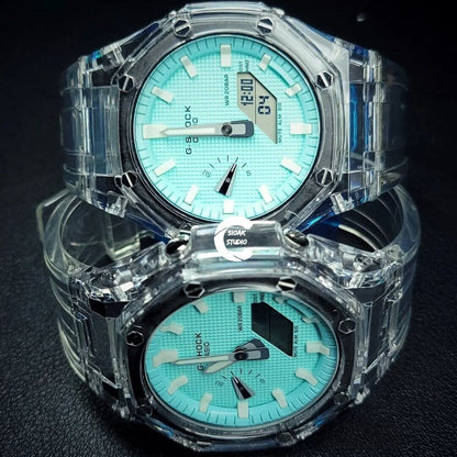 Casioak Mod Watch Transparent Case Strap Tiffany White Time Mark Tiffany Blue Dial 44mm - Casioak Studio