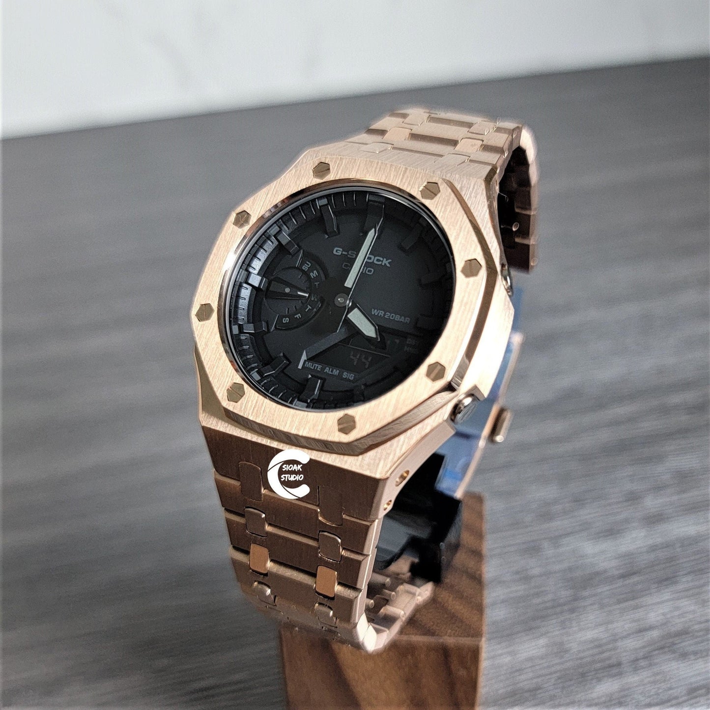 Casioak Mod Watch Rose Gold Case Metal Strap Black Time Mark Black Dial 44mm - Casioak Studio