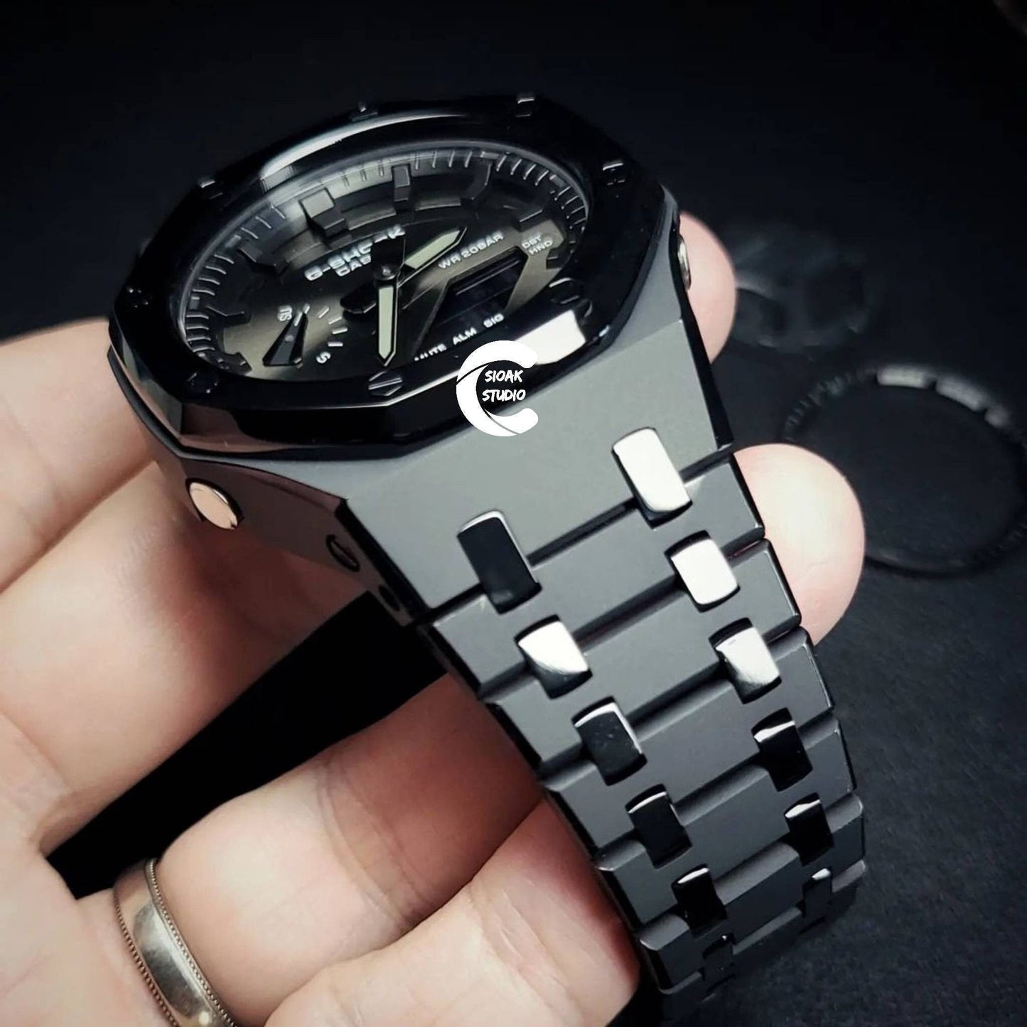 Casioak Mod Watch Polished Black Case Metal Strap Black Time Mark  Black Dial 44mm - Casioak Studio
