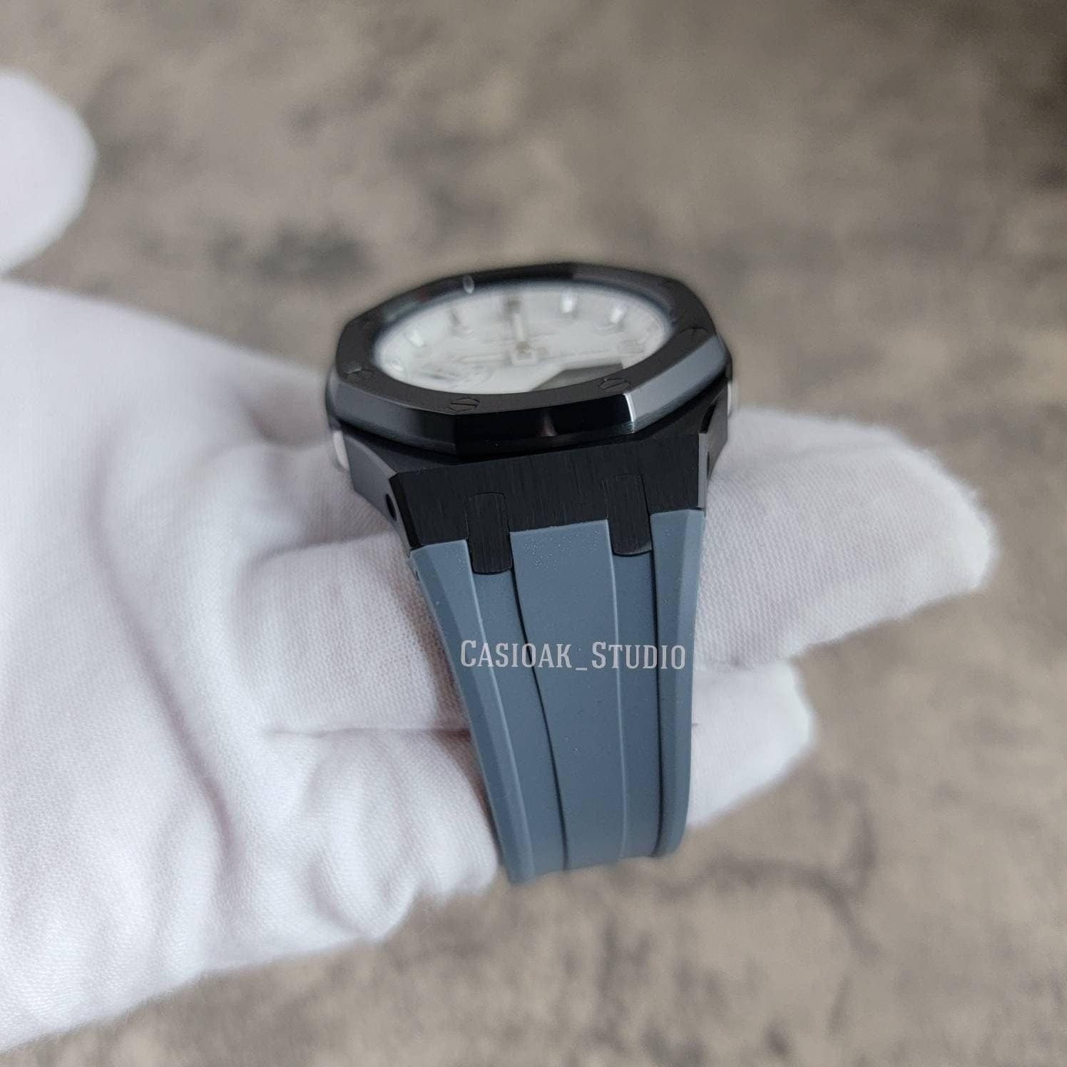 Casioak Mod Watch Black Case Gray Rubber Strap White Silver Time Mark White Dial 42mm - Casioak Studio
