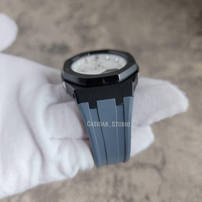 Casioak Mod Watch Black Case Gray Rubber Strap White Silver Time Mark White Dial 42mm - Casioak Studio