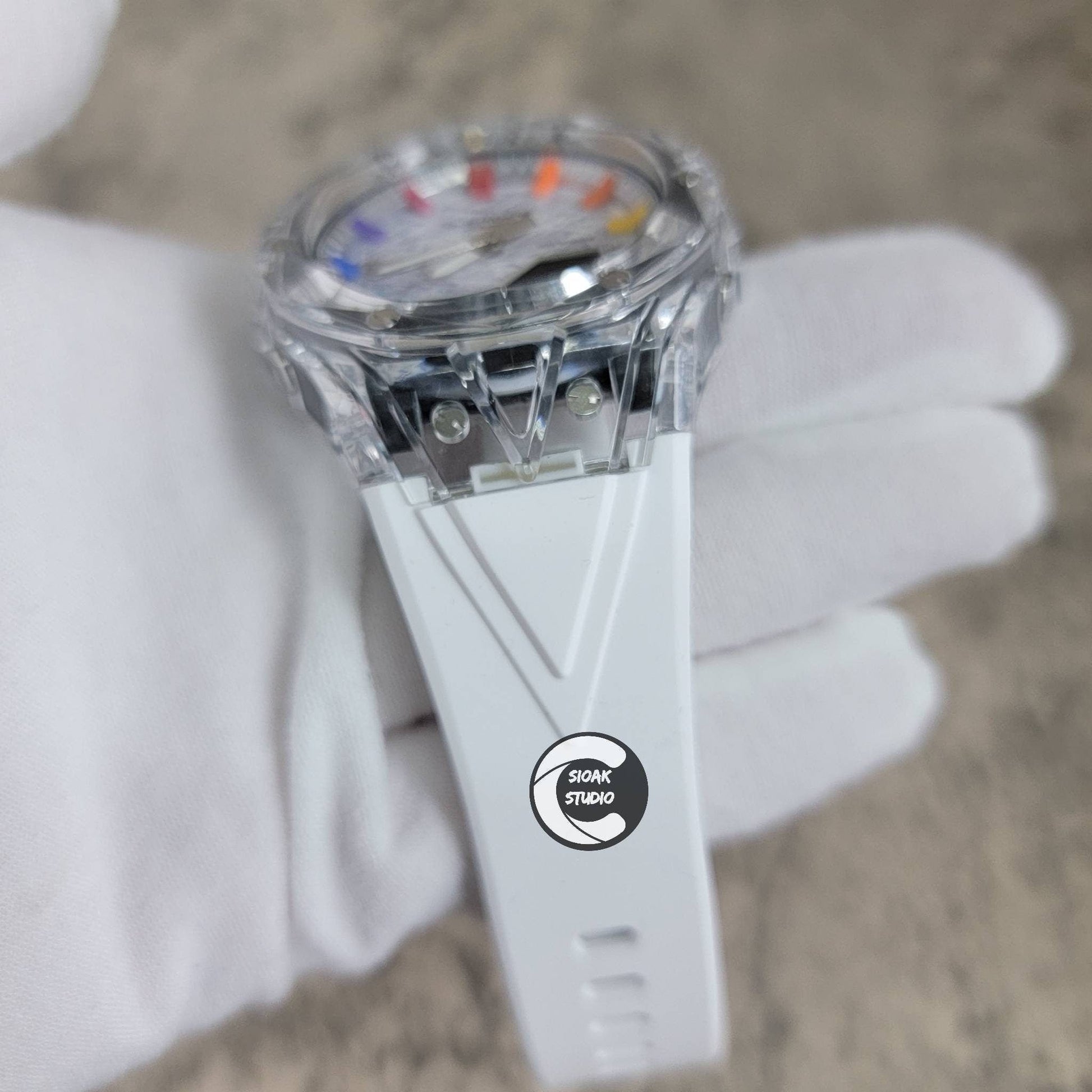 Casioak Mod Watch Transparent Case White Strap Silver Rainbow Time Mark Meteorite Dial 44mm - Casioak Studio