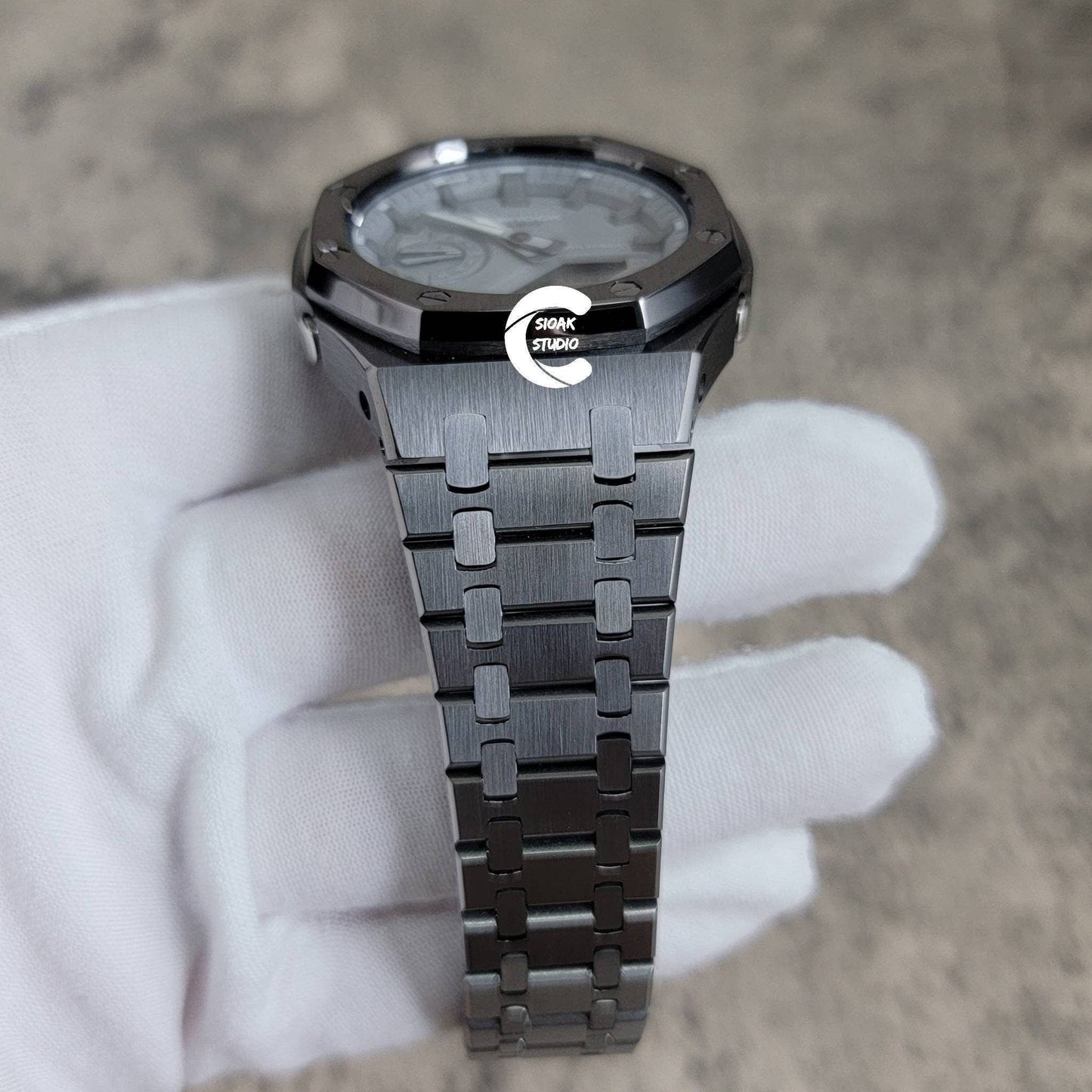 Casioak Mod Watch Gray Case Metal Strap Gray Time Mark Gray Dial 44mm - Casioak Studio